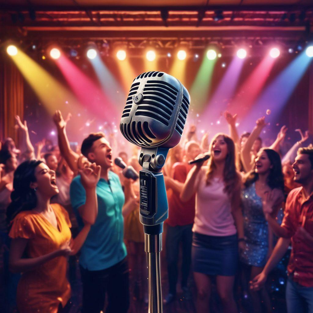 A lively karaoke scene with diverse music lovers passionately singing on a brightly lit stage, colorful spotlights illuminating the room, and an enthusiastic audience cheering them on. Include vibrant musical notes swirling around and a vintage microphone in the foreground, signifying the joy of performance and community. Capture the excitement and energy of a karaoke night. vibrant colors. super-realistic.
